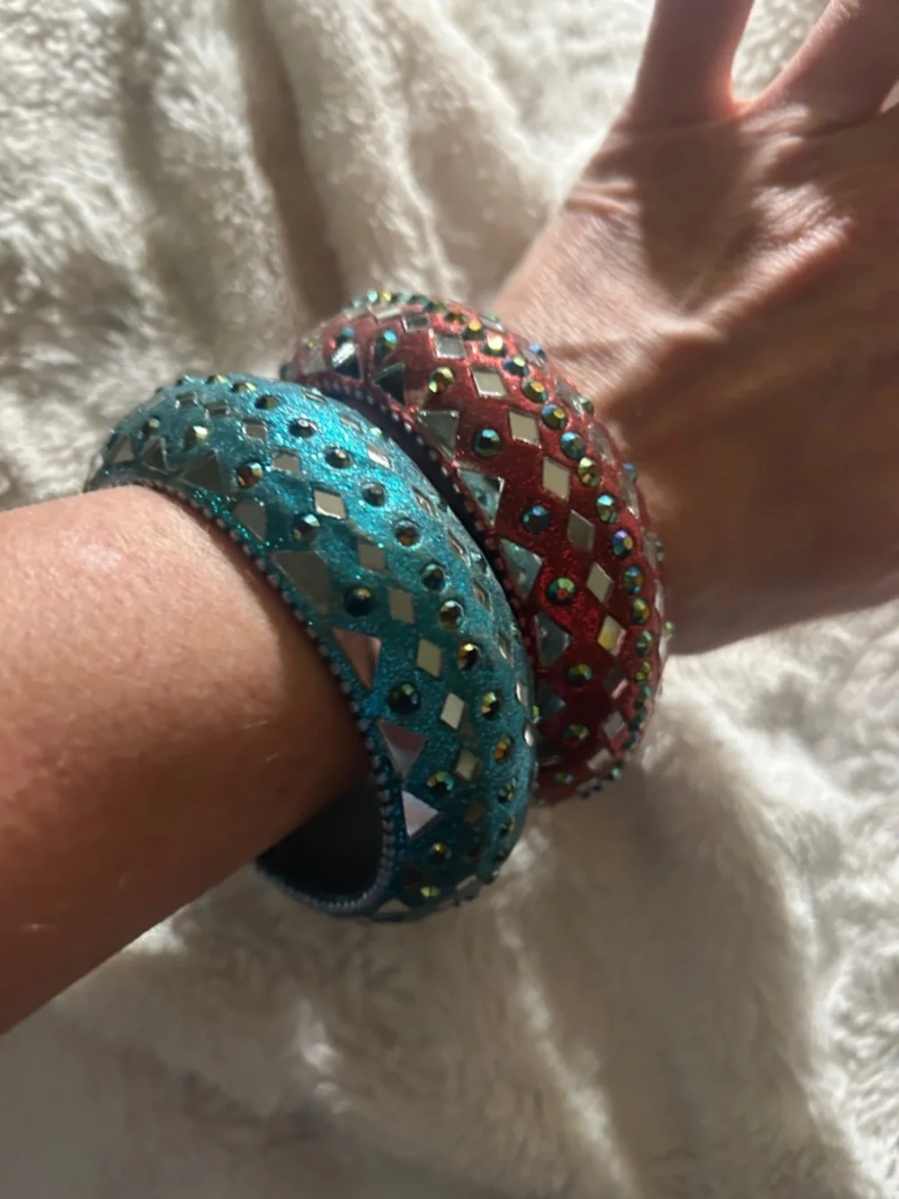 Vintage Domed Mirrored Chunky Red and Teal Bangle Bracelets Set of 2